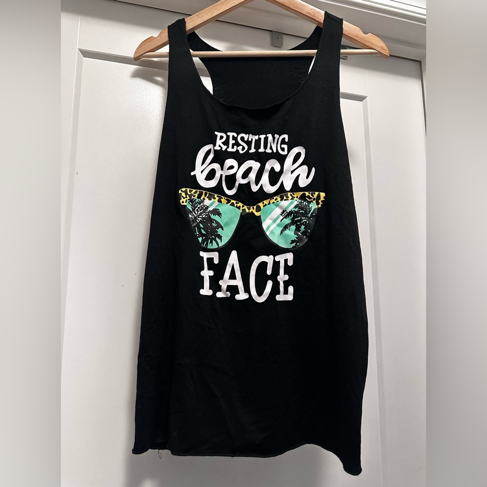 💚NWOT! SHEIN Black, Green, & Yellow “Resting Beach Face” Graphic Tank Top-Size M